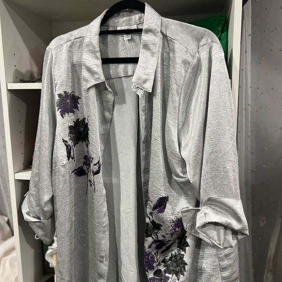 Dress Barn Tops - Dress Barn Silver Blouse with Purple Floral Design